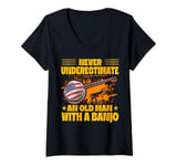 Womens Old Man With A Banjo Player Music Playing Lover Musician V-Neck T-Shirt