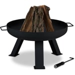 Relaxdays - Brasero de jardin, ø 60 cm, tisonnier inclus, pour la terrasse, bac à feu en acier, rond, grand foyer, noir