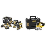 DEWALT Kit 4 Outils XR 18V Brushless + 3 Batteries 5Ah + 1 Chargeur + 2 Coffrets TSTAK & Scie Sauteuse à Poignée Supérieure Brushless XR 18V Li-ion - Courses à Vide 3200tr/min - Coupe Bois 135mm