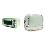 Ariete 979 - Four électrique design 18 litres, Convient pour pizza de 30 cm, 1380W, vert pastel & Vintage 155 Grille-Pain 2 Fentes, 810 Watts, 6 Niveaux de Grillage, en Acier Inoxydable Vert/Crème