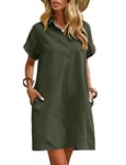 Zeagoo Robe d'été en lin pour femme, longueur genou, manches courtes, avec poches, robe de plage décontractée, robe chemise, Vert armée., XL