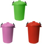 3 x 50L Bin with Clip Lock Lid Lime Green+Pink+Red Waste Storage Dustbins Garden