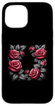 Coque pour iPhone 15 Art botanique floral rose avec feuilles noires, roses d'amour