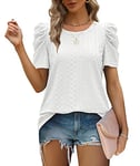 Aokosor White Tops for Women UK Ladies Tops Size 10-12 Ladies White T Shirts Round Neck Tshirts Gigot Sleeve Casual Tees