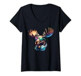 Womens Cool Moose With Sunglasses And Headphones - Fun Retro Animal V-Neck T-Shirt