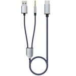 2-i-1 Type-C Bilstereo-kabel 1 Dela 2 Type C till USB A 3,5 mm Aux-kabel Blå