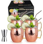 izdeel Verre Moscow Mule Tasses Cuivre Mug Verres pour Cocktail, Rhum, Boissons Froides, Maison, Bar, Fête, La Saint Valentin Noël an Anniversaire Cadeaux, Ensemble (4 Tasse, 4 Pailles &1 Jigger)