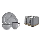 Tower T867002GRY Empire 16 Piece Dinnerware Set, Stoneware, Grey and Brass & T20061GRY Empire 4-Slice Toaster with Defrost/Reheat, Removable Crumb Trays, 1600W, Grey and Brass