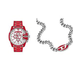 Diesel Men's Watch Mega Chief and Chain Necklace - Chronograph movement, Red Enamel Stainless Steel Watch