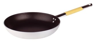 Pentole Agnelli Linea Cookware System Poêle évasée Basse avec Manche Tubulaire en Acier Inoxydable Cool, diamètre 32 cm, Poulet, Argent/Jaune