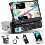 1 Din Wireless Carplay Autoradio Avec 7 Pouces Tactile Retractable Poste Radio Voiture Bluetooth Avec Android Auto Mirror Link Usb Fm Swc Caméra De Recul & Mic