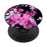 Motif de fleur d'orchidée rose et bleue sur fond noir PopSockets PopGrip Adhésif