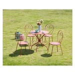 Salle à manger de jardin en métal façon fer forgé - GUERMANTES - Table et 4 chaises empilables terracotta