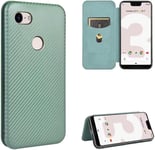 Compatible Avec Coque Google Pixel 3 Xl, Mince Flip Fibre De Carbone [Test De Chute] Antichoc Stand Fente Avec Carte, Protecteur D'écran En Verre Trempé*2-Vert