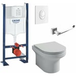 Pack wc suspendu Jacob Delafon sans bride Elite abattant extraplat + Bâti support Grohe RapidSL + plaque blanc + Porte-rouleau carré