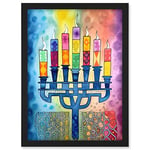 Artery8 Jewish Menorah Candles Multicolour Folk Art Watercolour Painting Artwork Framed A3 Wall Art Print