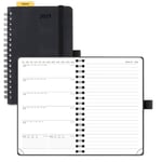 POPRUN Agenda de Poche 2025 Semainier et Carnet de Notes 16 x 10,5 cm - Couverture Spirale en Cuir A6 petite Planner, D'Jan 2025 à Déc 2025, Règle signet, Papier 100 g/m², Noir-BK