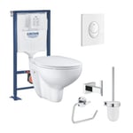 Pack WC suspendu sans bride GROHE Bau ceramic + Bâti support Solido + abattant + plaque ovale blanc + accessoires