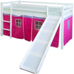 Décoshop26 - Lit mezzanine 90x200cm avec échelle toboggan en bois blanc et toile rose rouge