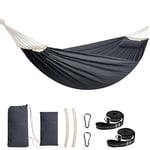 Chihee Coton Hamac Grand hamac Souple Respirant Hamac de Camping Peut Supporter jusqu'à 300KG Hamac d'arbre Portable avec Barre d'écartement détachable Oreiller 2 Sangles Solides 2 mousquetons