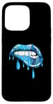 Coque pour iPhone 15 Pro Max Blue Dripping Biting Lips Rouge à lèvres Effet années 80