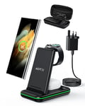 AGPTEK 3 in 1 Wireless Charger for Samsung, Foldable Travel Wireless Charging Station for Samsung Watch 6/5/4/3/2, for Samsung Galaxy S24/S23/S22/S21/S20/Z Flip 5/Galaxy Buds, Carry-Case 18W Adapter