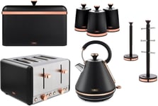 Tower Cavaletto Black 8pc Kitchen Set Kettle 4 Slice Toaster Breadbin Canisters