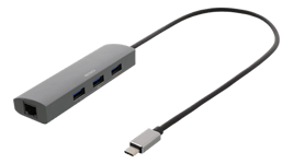 DELTACO – USB-C-hubi ja verkkosovitin, USB-C, RJ45, 3x USB-A 3.0, 0,4m, harmaa (USBC-1294)