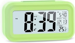 Upgraded Digital Alarm Clock, 4.3" LED Display with Temperature Larger Lound Light Control Portable Snooze Calendar Brightness with Battery Powered Alarm Clocks Bedside for Everyone (Green)