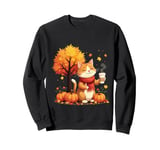 Funny Cat Holding Iced Coffee Under Fall Tree Autumn Season Sweatshirt