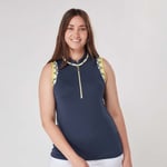 Swing Out Sister Women's Zip Neck Sleeveless Polo in Sunshine and Navy Blue