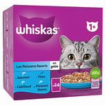 WHISKAS Repas pour Chat - 48 Sachets Fraîcheur (Lot de 2 Packs 24x85g) - Les Poissons Favoris (4 variétés) - Pâtée pour Chat Adulte en Gelée. Nourriture Humide Complète Adaptée aussi Chats Stérilisés