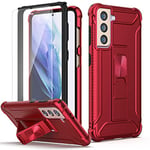 ORETech for Samsung Galaxy S21 Plus Case with [2 x Tempered Glass Screen Protector] Full Body Anti Silp Heavy Duty Shockproof Hard PC Soft Bumper Protection Cover for Samsung S21+ with Kickstand - Red