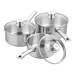 Tala Performance 3 Piece Stainless Steel Cookware Set, Saucepans with Glass lids, 16, 18 20cm. Made in Portugal, Guarantee, Suitable for All hob Types Including Induction