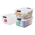 Iris Ohyama, Boite Rangement en Plastique avec Couvercle, 15L, Lot de 3, Transparent, Clips de Fermeture, Poignée, Empilable, Portable, Solide & Durable, pour Dressing, Garage, Chambre, Bureau, TB-15