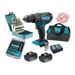 Makita - Pack Perceuse visseuse percussion 18V 62Nm DHP482 + 2 batt 3 Ah + 30 embouts de vissage + 18 forets + sac