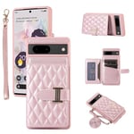 ELISORLI Phone Case For Google Pixel 7 5G Wallet Cover with Crossbody Shoulder Strap and Leather Credit Card Holder Flip Purse Lanyard Stand Cell Accessories Pixel7 Pixle Seven 6.3 Girls Women Pink