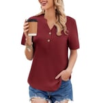 Weardear Chemisiers Et Blouses Femme Mousseline 100% Cotone Tunique Tee Shirt Modern Col V Festifs Boutonné Respirant Manches Courtes Chic élégant Haut Top Loisirs Rouge L