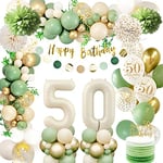 Decoration Anniversaire 50 ans,50 Ans Décorations Anniversaire de Fête en Vert Or,Deco 50 ans Ballon,Bannière Joyeux Anniversaire,PomPoms en Papier,Deco Anniversaire 50 ans pour Hommes Femmes