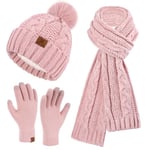 ZASFOU Femme Hiver Bonnet Chapeau Foulard Écran Tactile Gants Ensemble Chenille Pompon Tricot Polaire Doublé Casquette Écharpe Gant Cadeaux pour Femmes