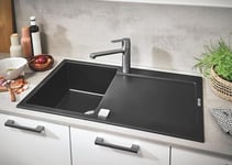 GROHE Kitchen Set of Get Tap &K500 Kitchen Sink – (Granite Black Quartz Composite Kitchen Sink with Drain 1 Bowl 347x440x200 mm Overall 86x50 cm, Supersteel Kitchen Tap Size 20 cm Tails 3/8 Inch)