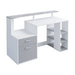 Joolihome Living - Bureau d'ordinateur Moderne avec Tiroirs et Étagères de Rangement, Bureau d'ordinateur pour Imprimante, 140x55x90cm (Blanc Gris)