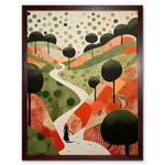 Walk on the Countryside Hill Path Folk Art Oil Painting Red Orange Green Abstract Landscape Artwork Art Print Framed Poster Wall Decor 12x16 inch