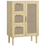 HOMCOM Meuble Salle de Bain Rangement, Meuble de Rangement Style bohème avec tiroir et Placard, étagères réglables, Porte à rotin, Armoire pour Salle de Bain, Salon, Cuisine - 55 x 30 x 82 cm, chêne