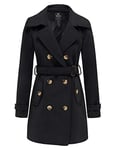 Wantdo Femme Manteaux en Laine Mélangée à Double Boutonnage Manteau Femme Hiver Chic Manteau Chaud Mi-Long Épaulette Manteau Mince avec Ceinture Noir-X 44