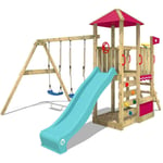 Wickey - Aire de jeux Portique bois Smart Savana avec balançoire et toboggan Maison enfant exterieur avec bac à sable, échelle d'escalade &