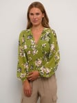 KAFFE Vita Floral Stencil Print V-Neck Smock Long Sleeve Blouse, Green/Multi