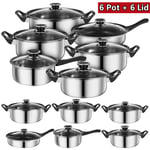 Set of 12 Non Stick Cookware Cooking Saucepans Pots Pan Set With Glass Lids