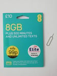 EE 4G £10 Data Pack Combi PAYG 8GB Unltd Txts 500 mins ZERO CREDIT + SIM EJECTOR