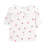 Mud Kingdom Toddler Girls Peter Pan Collar Blouse Cotton Puff Short Sleeve Button Up Cherry Print 2 Years